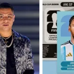 Gerardo hijo de Eduin Caz mostrando álbum Panini del Mundial 2026 mientras busca la estampita de Messi