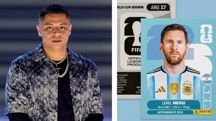 Gerardo hijo de Eduin Caz mostrando álbum Panini del Mundial 2026 mientras busca la estampita de Messi